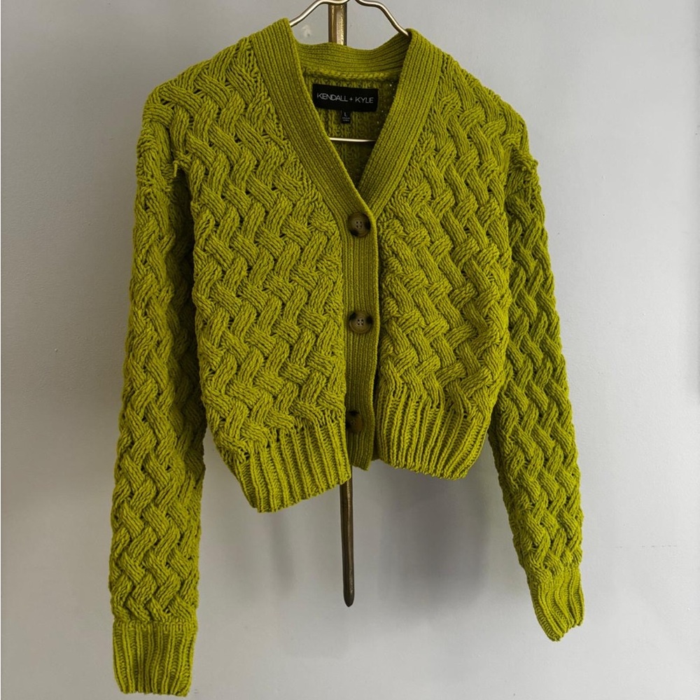 Kendall & Kylie Women's vibrant green preppy cropped Knit Sweater L